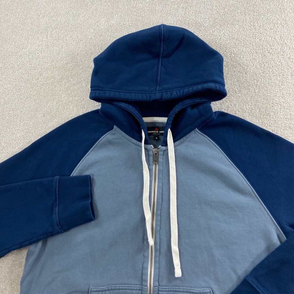 American Giant Full Zip Hoodie Mens Medium Blue Raglan Sleeve Cotton Sweatshirt